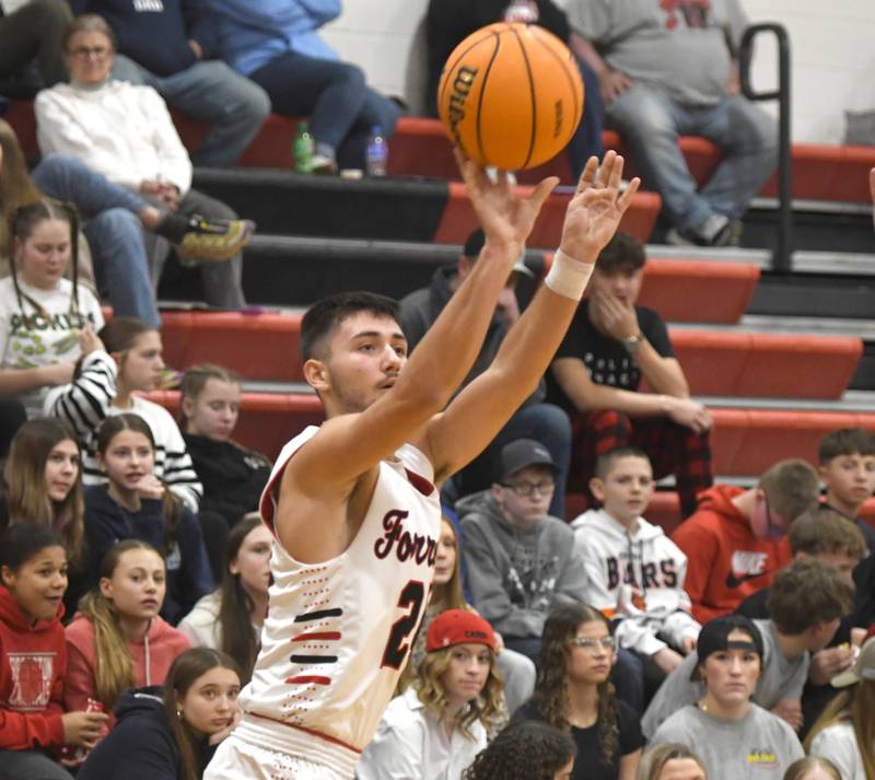 Forreston's Mickey Probst shoots against Pecatonica during a NUIC matchup at Forreston High School on Wednesday, Feb. 11, 2026.