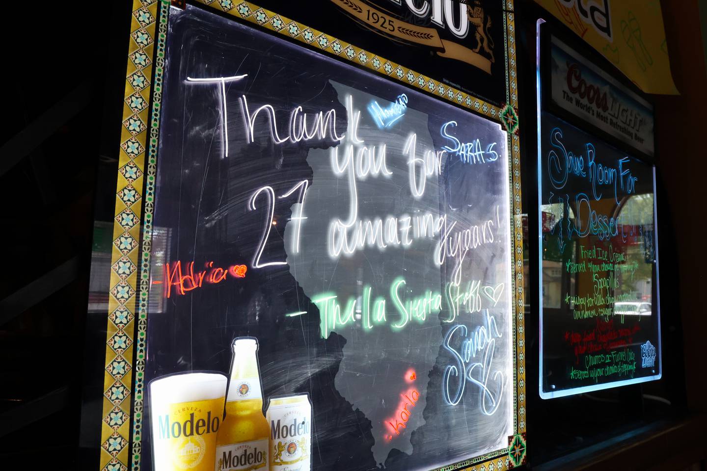 A farewell message is written on a display board at La Siesta in Bradley on Tuesday, July 29, 2025. After 27 years in business, the longtime Bradley restaurant's final day will be Saturday, Aug. 9.