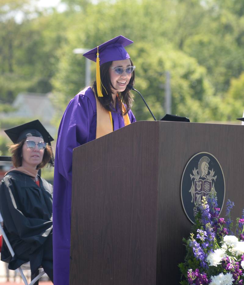 Downers Grove North graduate Gabrielle Chen addresses her graduating class during the ceremony Sunday May 21, 2023.