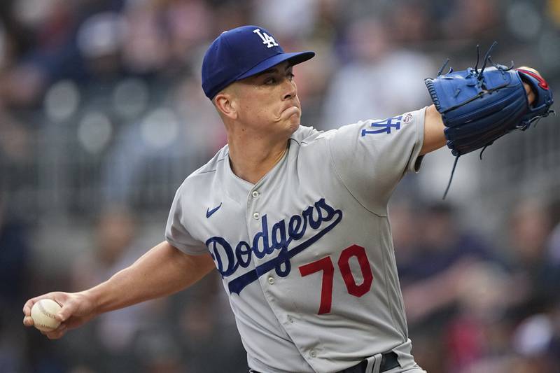 Los Angeles Dodgers starting pitcher Bobby Miller delivers in the first inning against the Atlanta Braves, Tuesday, May 23, 2023, in Atlanta. Miller was making his Major League debut.