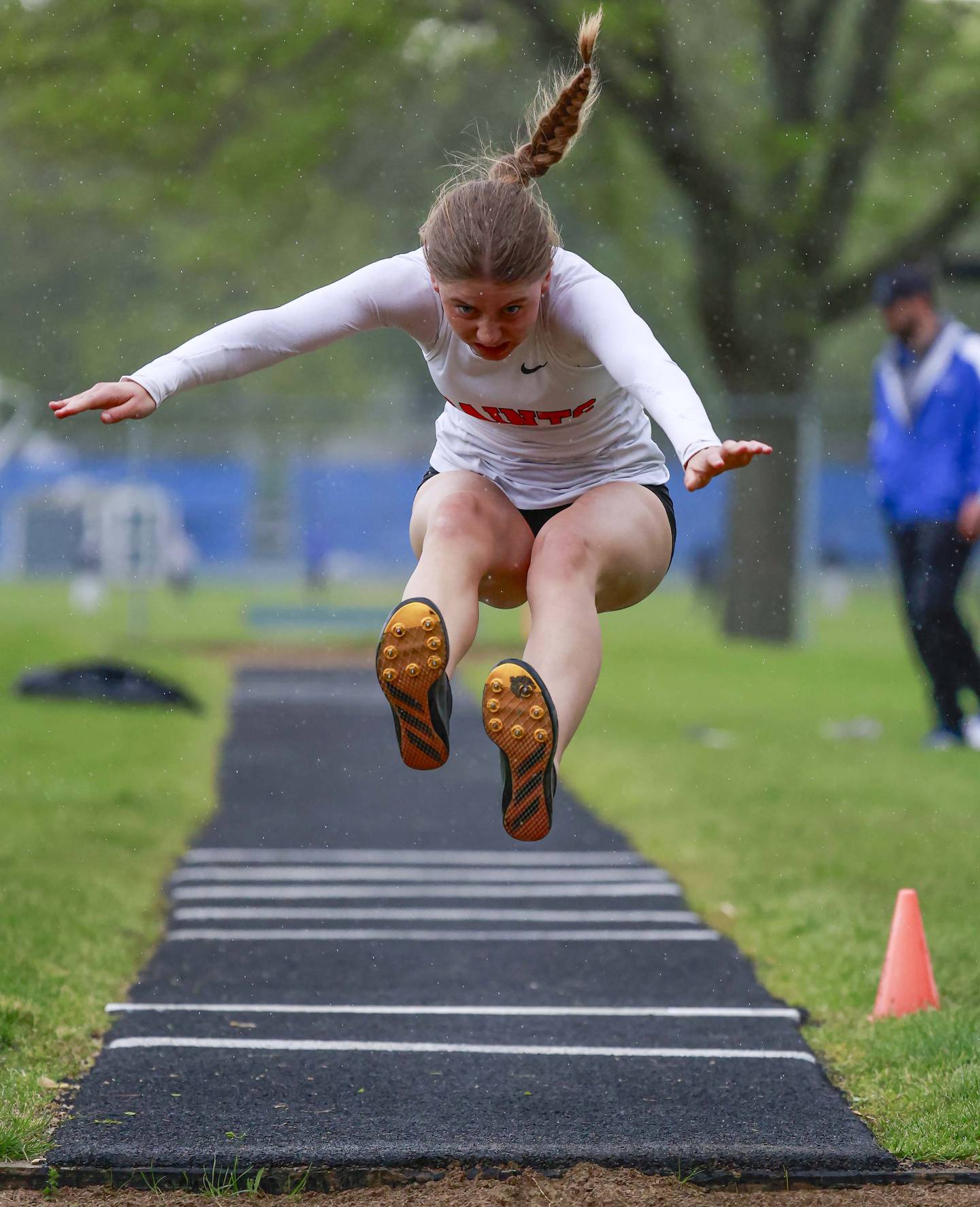 St. Charles East’’s Siri Forsell competes in the long jump during the DuKane Conference girls track and field meet Thursday, May 7, 2026 in Geneva.