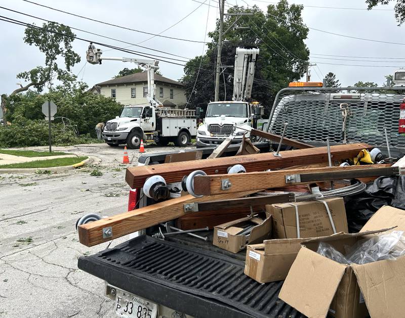 Supplies stand ready in a truck as ComEd crews work Tuesday, July 16, 2024. repairing downed electrical lines and poles in Byron following Monday night's storm.