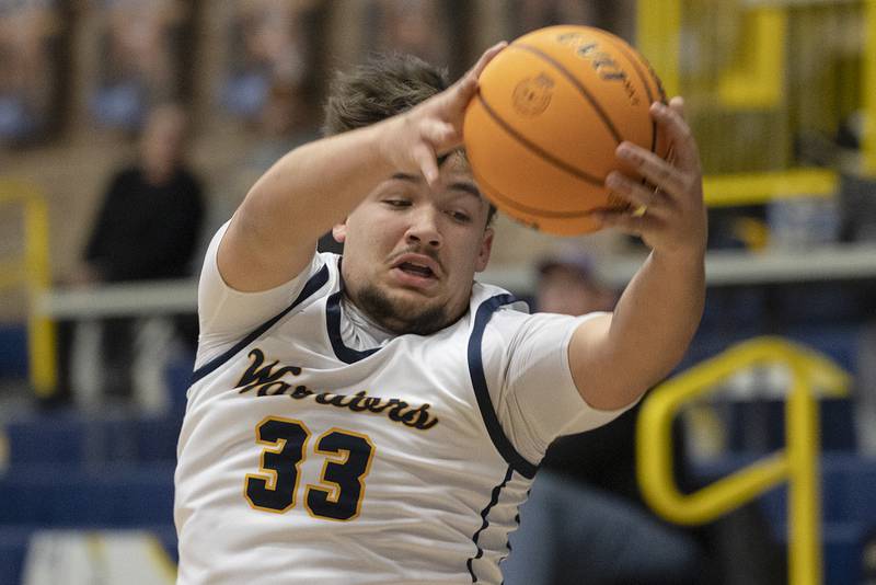Sterling’s Maddux Osborn grabs a pass against St. Viator Monday, Jan. 20, 2025, during Sterling’s MLK Classic.
