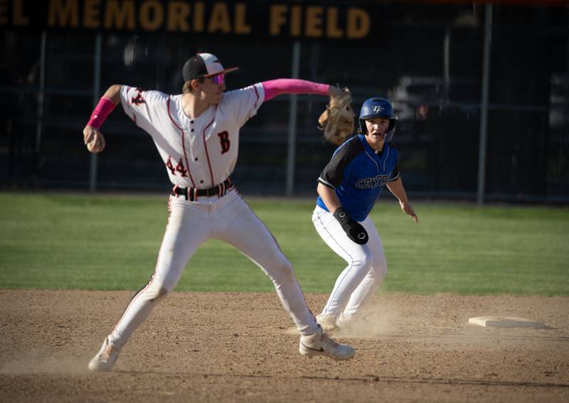 Central's Owen Palmateer waits to advance as Beecher's Chasten Clegg makes a throw in the seventh inning of a game on April 29, 2025.