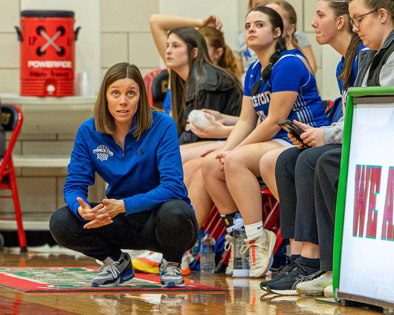 Princeton Head Coach Tiffany Gonigam looks up at scoreboard during game against L-P on Saturday, Feb. 7, 2026 in Sellett Gymnasium at L-P High School.