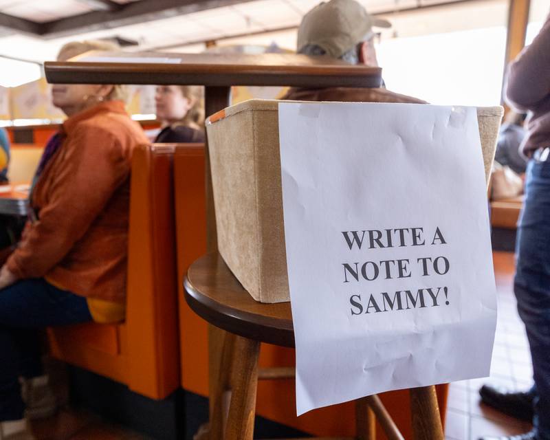 Box for notes sits on table at the retirement celebration of Sam Leone on Saturday, October 25, 2025 at the Rootbeer Stand in Oglesby.