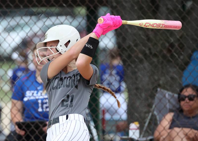 Sycos’ Layna Peterson takes a cut Friday, June 27, 2025, during their 16u game against Select Fastpitch in the Storm Days tournament at the Sycamore Community Sports Complex.