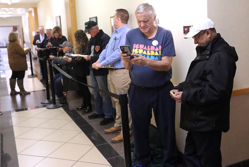 Candidates line up at the McHenry County clerk's office in Woodstock on Monday, Oct. 27, 2025, the first day to file to run in the 2026 primary election.