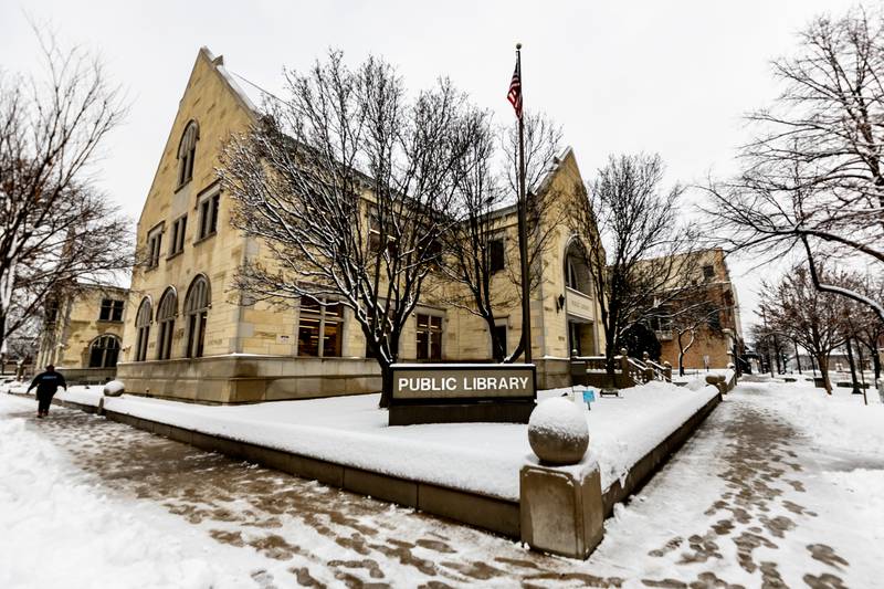 The Joliet Public Library looks cozy after the morning snowfall on Friday, Jan. 12, 2024.