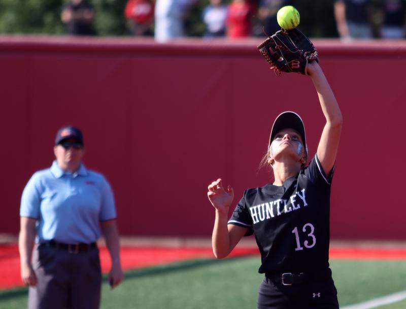 Huntley’s Grace Benson snags an infield fly for an out against Barrington in IHSA Class 4A Sectional Title Game softball action at the Fields of Dreams on the campus of Barrington High School in Barrington on Friday, June 6, 2025.