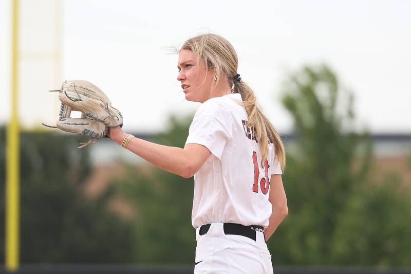 Lincoln-Way Central’s Lisabella Dimitrijevic catches a ball during warmups against Lincoln-Way West on Tuesday, May 14, 2024 in New Lenox.