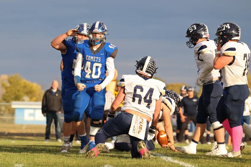 Clifton Central's Garrison Bailey celebrates a tackle during the Comets' 24-6 victory over Knoxville in the Class 1A first-round playoff game on Saturday, Nov. 1, 2025.