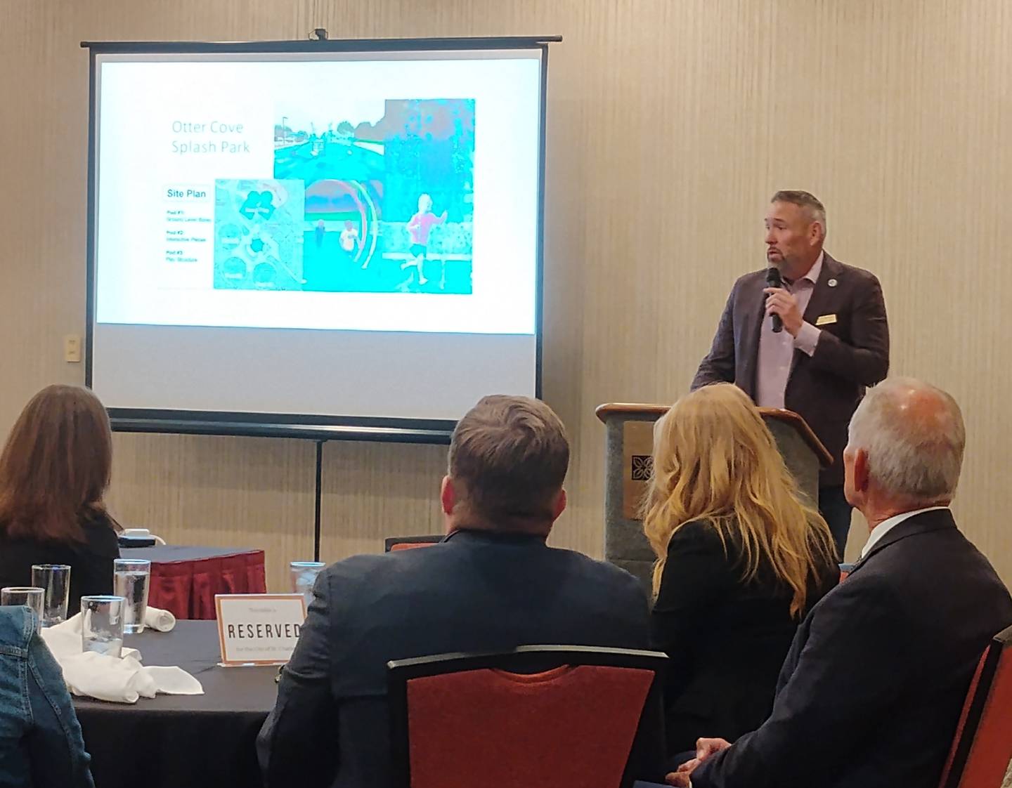 St. Charles Park District Recreation Superintendent Michael Kies speaks at a State of the City address Oct. 8, 2025, at the Hilton Garden Inn. The St. Charles Chamber of Commerce hosted the event.
