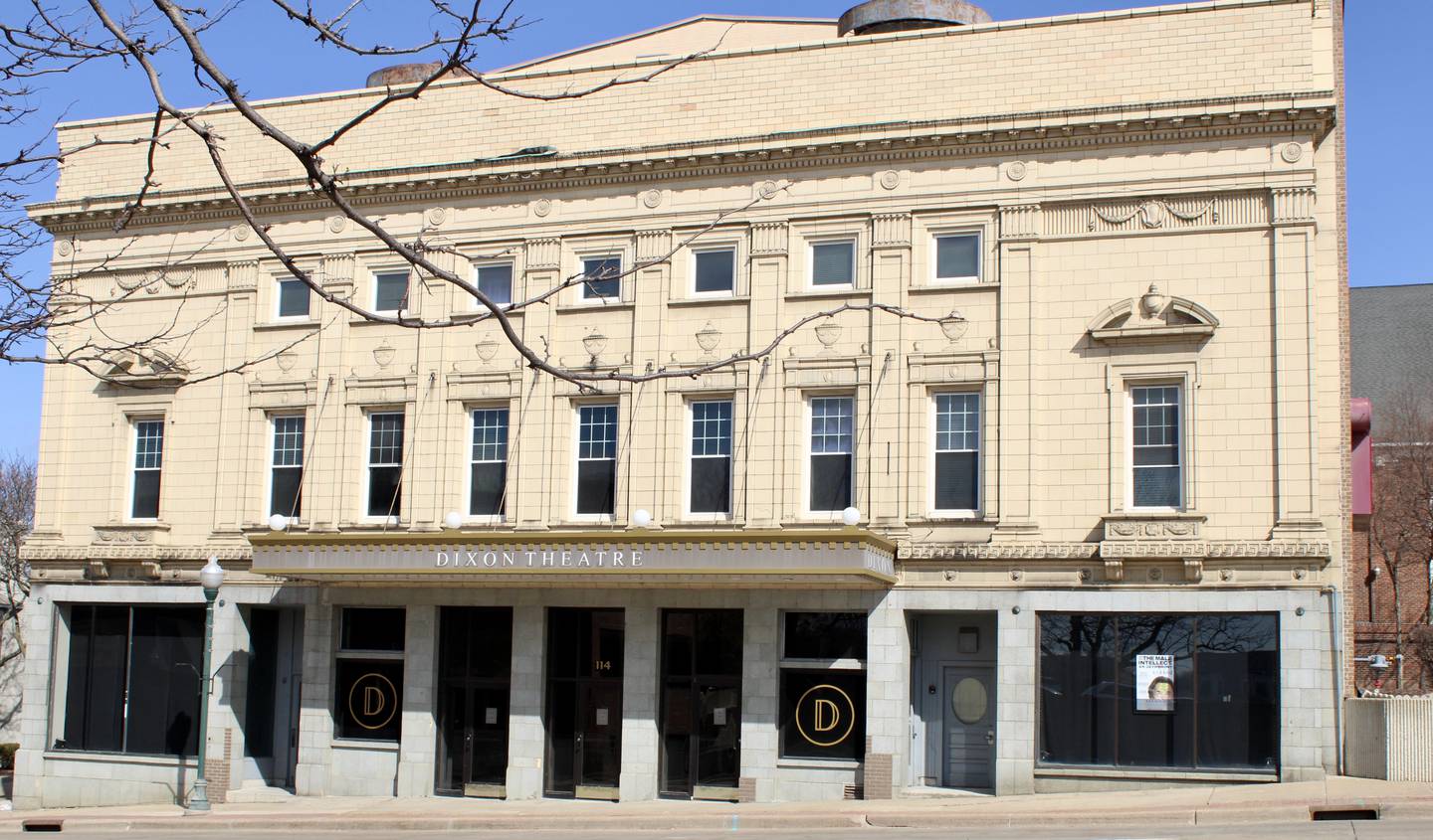 The exterior of The Historic Dixon Theatre, seen from its front entrance at 114 S Galena Ave, Dixon,