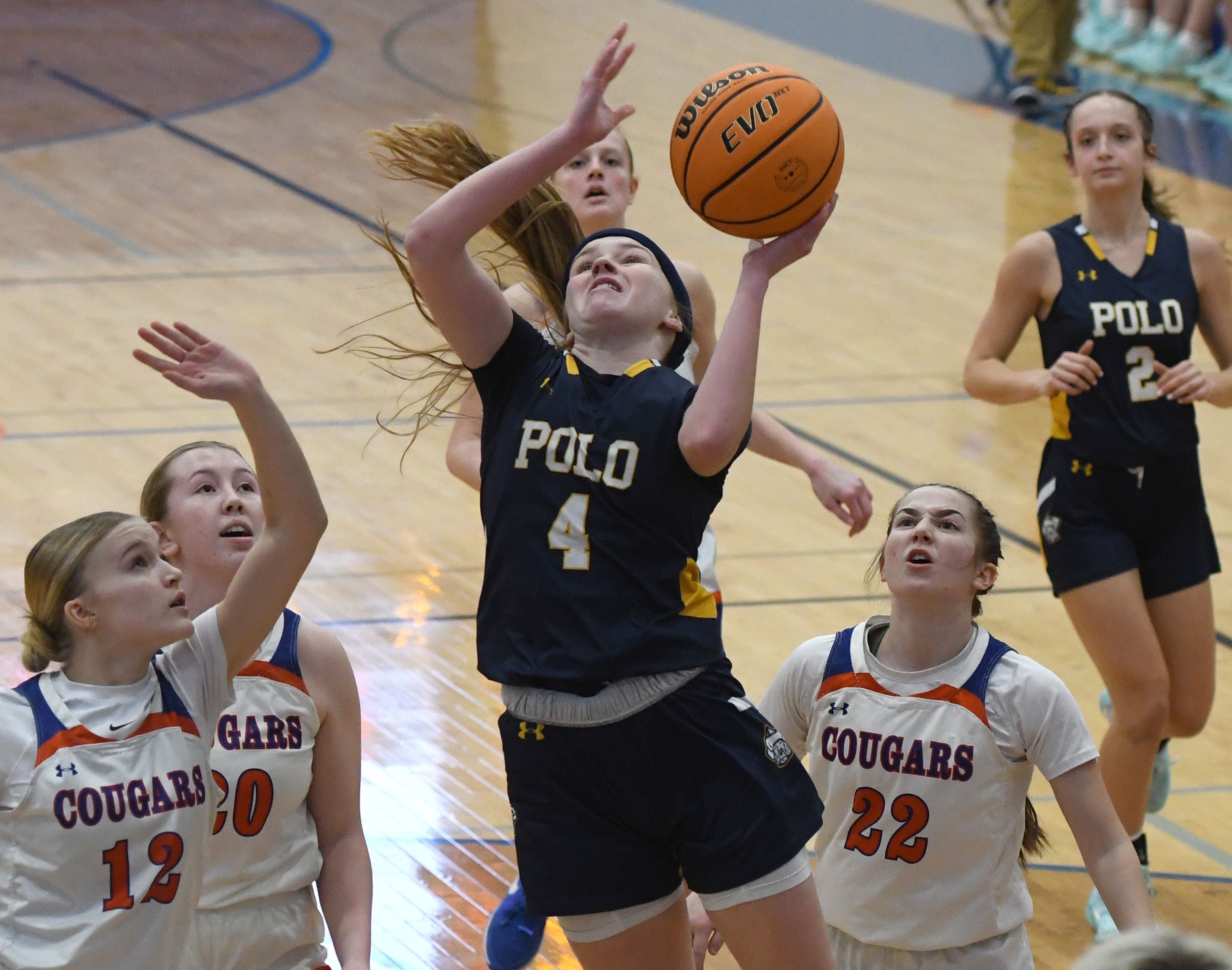 Polo's Camrynn Jones drives the lane and puts up a shot against Eastland during a game on Tuesday, Feb. 10, 2026 at Eastland High School in Lanark.
