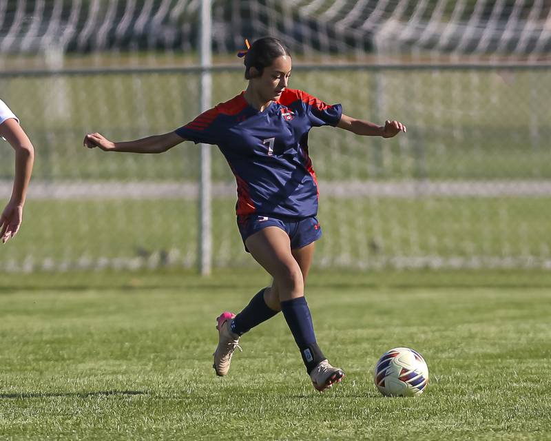 Oswego's Alexandra Ibarra (7) approaches the ball during a soccer match between Plainfield North at Oswego on Monday, May 11, 2026 in Oswego.