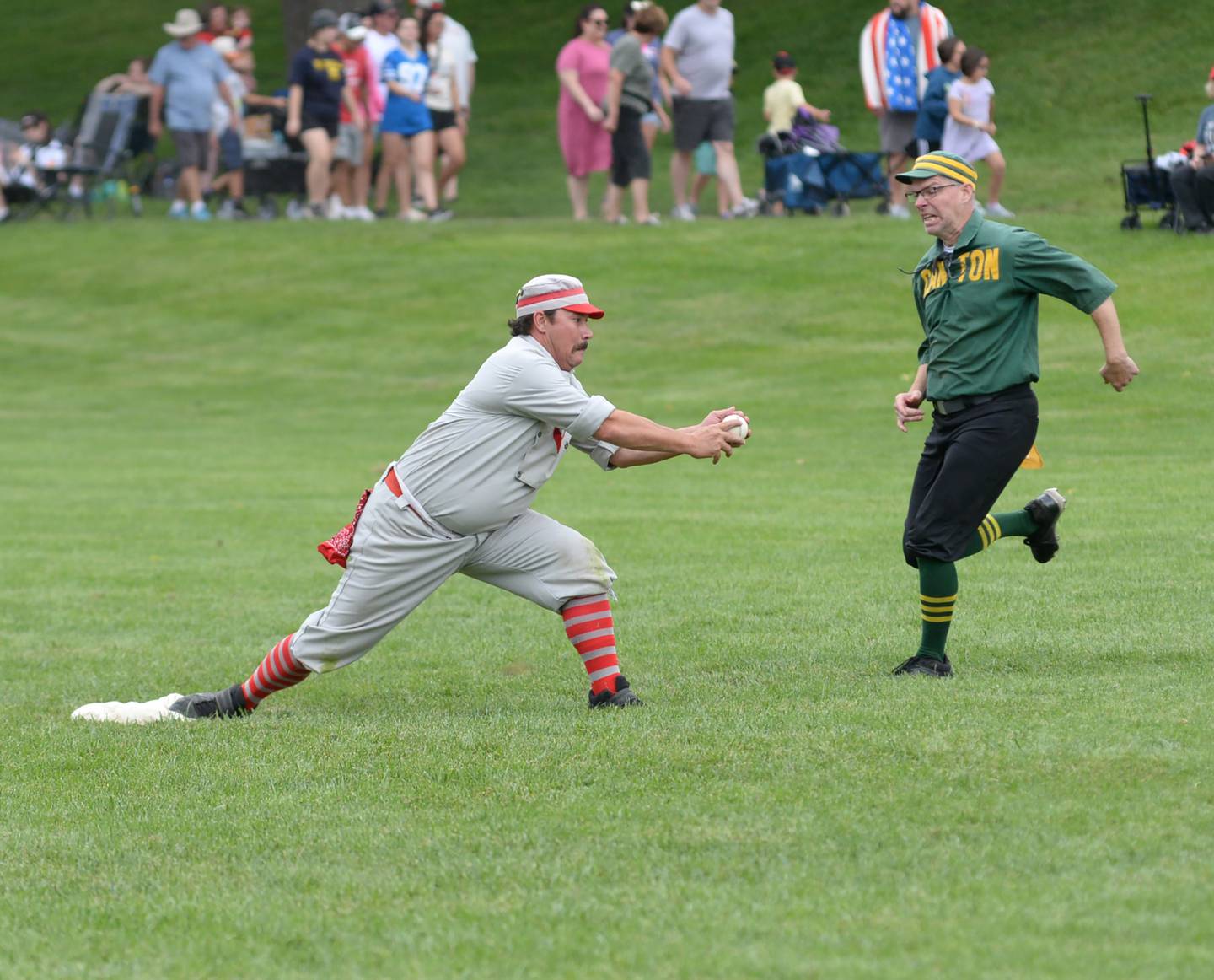 Oregon Ganymede second baseman Justin "Butter" Early gets ready to tag out a Canton runner at the 21st Annual World Tournament of Historic Base Ball in Dearborn, Michigan on Saturday, Aug. 10, 2024.