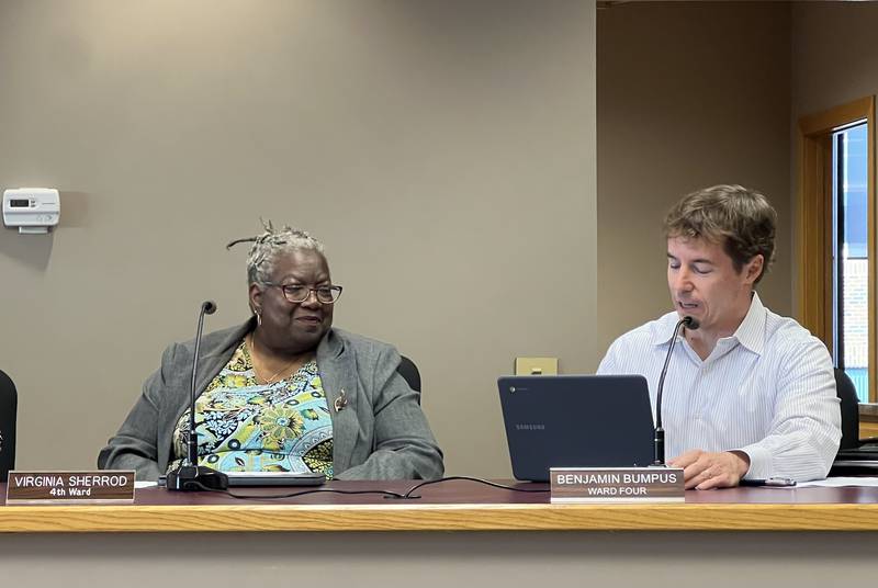 Sycamore Fourth Ward Alderpersons Virginia Sherrod and Ben Bumpus sit next to each other during a Sycamore City Council meeting on June 5, 2023.