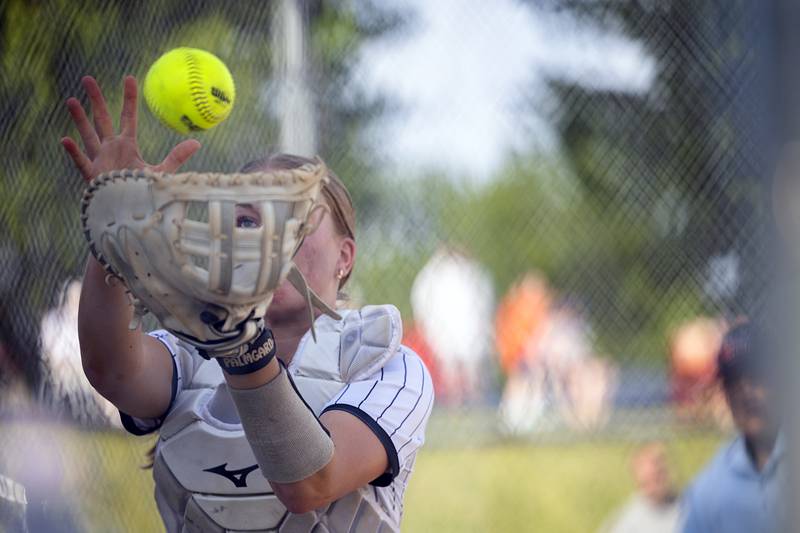 Fulton’s Averi Bush keeps her eye on the ball to make the catch against Orangeville Tuesday, May 26, 2026, at the Eastland Class 1A softball sectional quarterfinal.