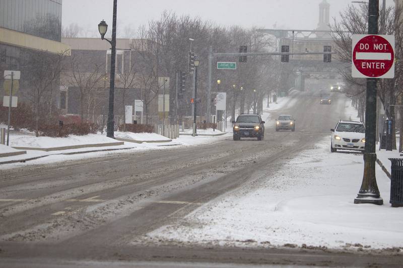 Snow-covered Jefferson Street in downtown Joliet on Wednesday, Feb. 12, 2025.