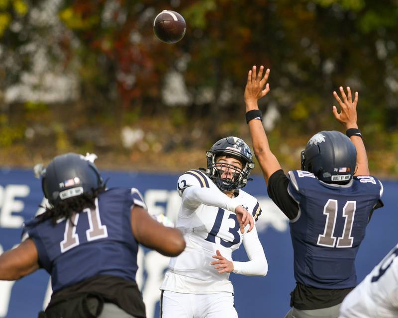 IC Catholic Prep's Nate Lang (13) passes the ball during the 3A Playoff game against Chicago Hope Academy on Saturday Nov. 1, 2025, held at Altgeld Park in Chicago.