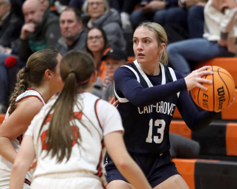 Cary-Grove’s Malaina Kurth moves the ball against Crystal Lake Central in varsity girls basketball on Tuesday, Jan. 7, 2025, at Crystal Lake Central High School in Crystal Lake.