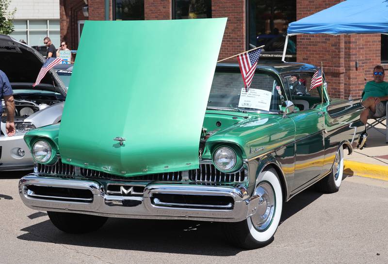 A 1957 Mercury Monterey at the Fizz Ehrler Memorial Turning Back Time Car Show Sunday, July 30, 2023, in downtown Sycamore.