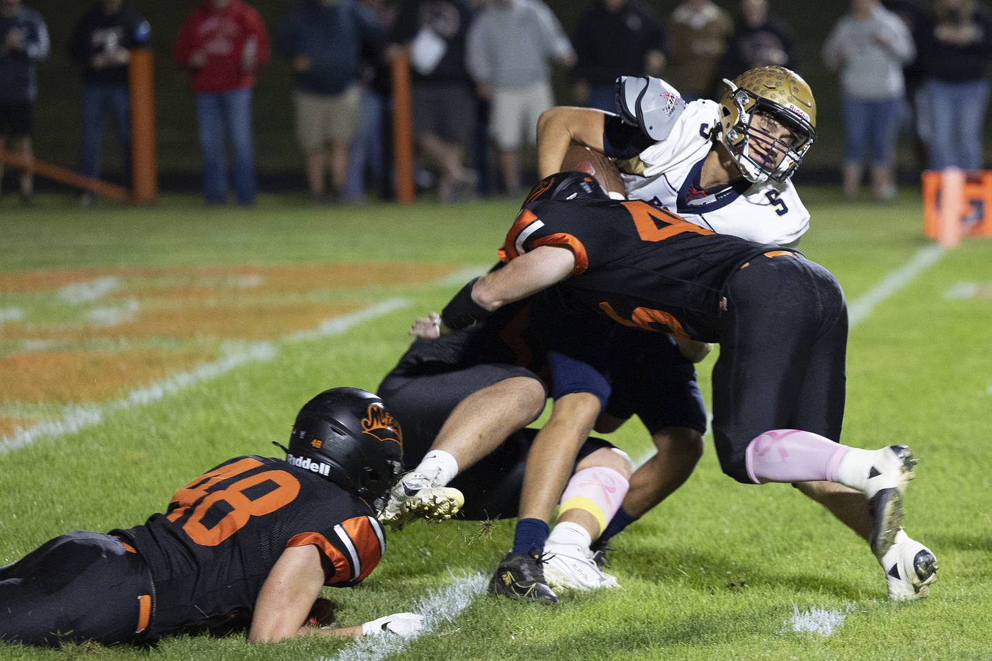Polo’s JT Stephenson avoids a safety by getting out of the end zone against Milledgeville Friday, Oct. 4, 2024, at Milledgeville High School.