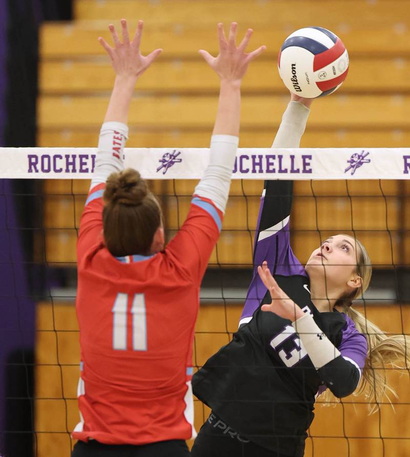 Dixon’s Solis Thompson tries to get the ball by Ottawa's Belle Markey Tuesday, Oct. 28, 2025, during their Class 3A regional semifinal match at Rochelle High School.