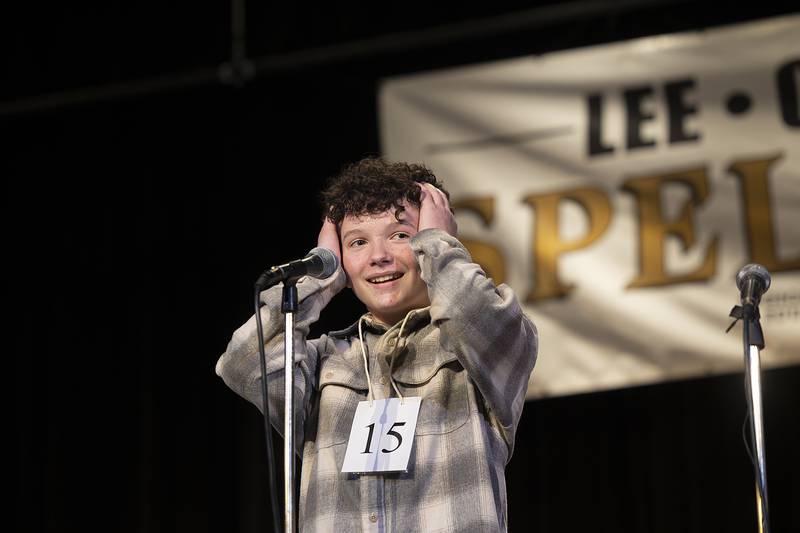 Parker Zimmerly of Amboy Junior High School reacts to winning the Lee, Ogle, Whiteside County Spelling Bee on Thursday, Feb. 20, 2025, at Dixon High School. Zimmerly correctly spelled illicitly to take the title and earn a trip to Washington, D.C., to compete in the national bee.
