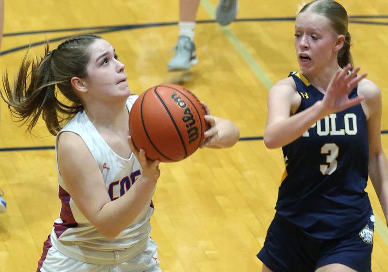 Genoa-Kingston's Sydney Hansen goes to the basket against Polo’s Carlee Grobe during their game Monday, Jan. 29, 2024, at Genoa-Kingston High School.