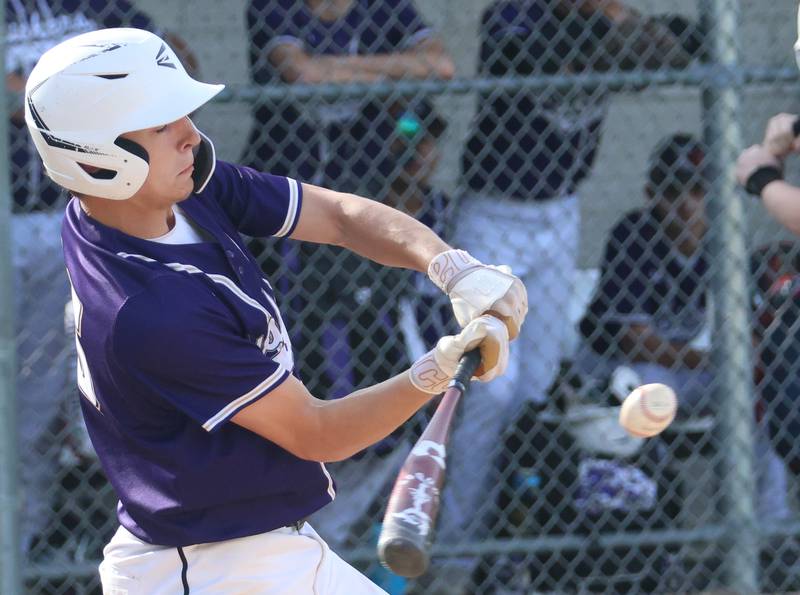 Serena's Nolan Muffler makes contact with the ball against St. Bede on Friday, April 24, 2026 at St. Bede Academy.
