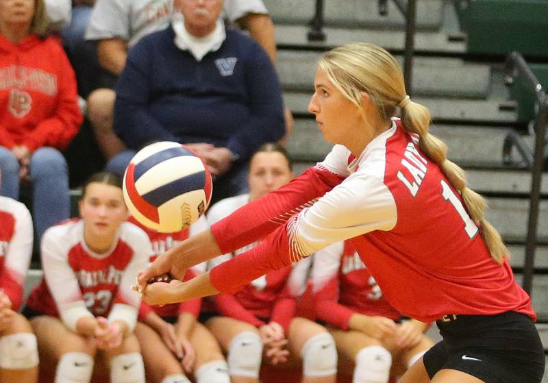 L-P's Kelsey Frederick returns a serve from Kaneland on Tuesday, Oct. 7, 2025 in Sellett Gymnasium at L-P High School.