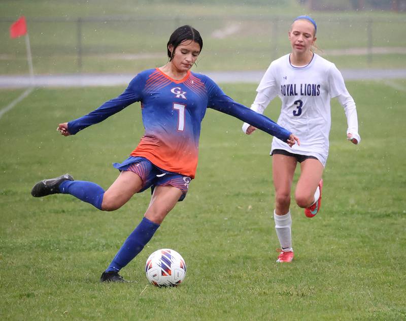 Genoa-Kingston's Jaida Modesto takes a shot in front of Rockford Christian's Paige Giardina Tuesday, May 20, 2025, during their Class 2A regional final game at Rockford Christian High School.