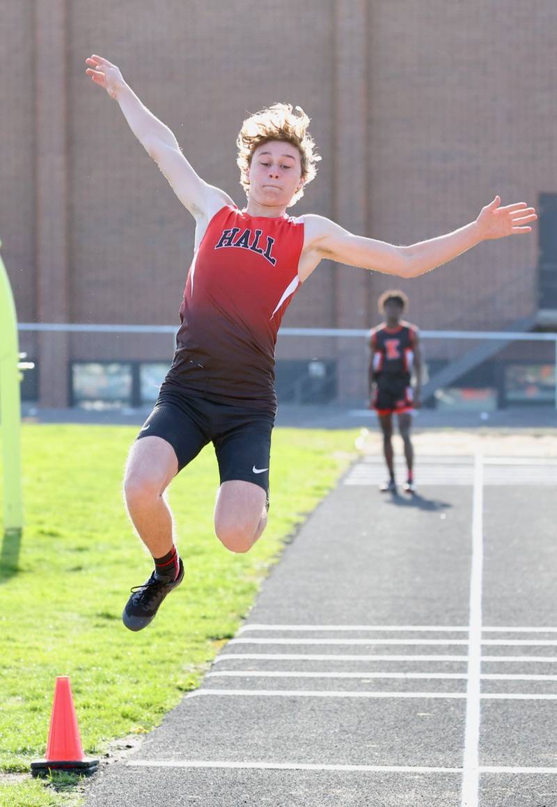 Joseph Perez jumps for Hall in the long jump in Tuesday's Howard-Monier Invite at Princeton.