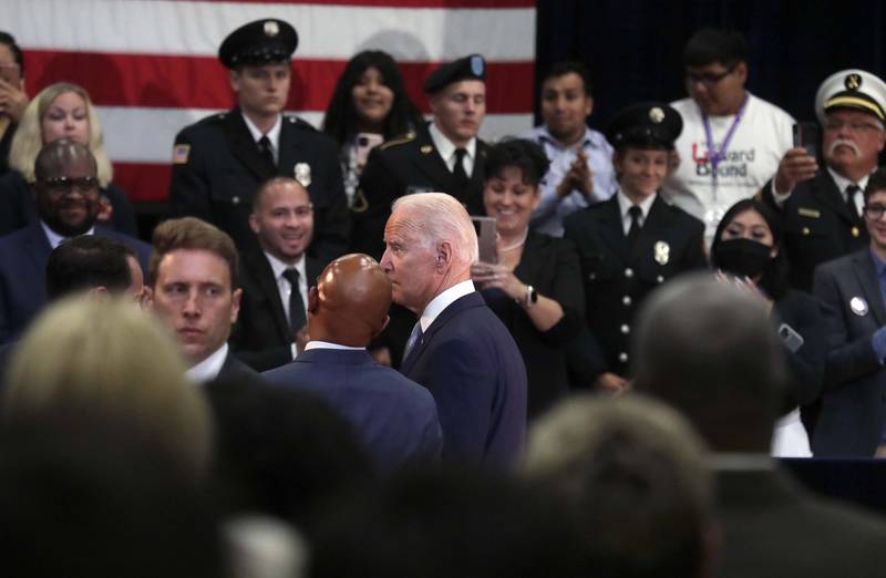 President Joe Biden leaves the podium after speaking at McHenry County College Wednesday, July 7, 2021, in Crystal Lake.