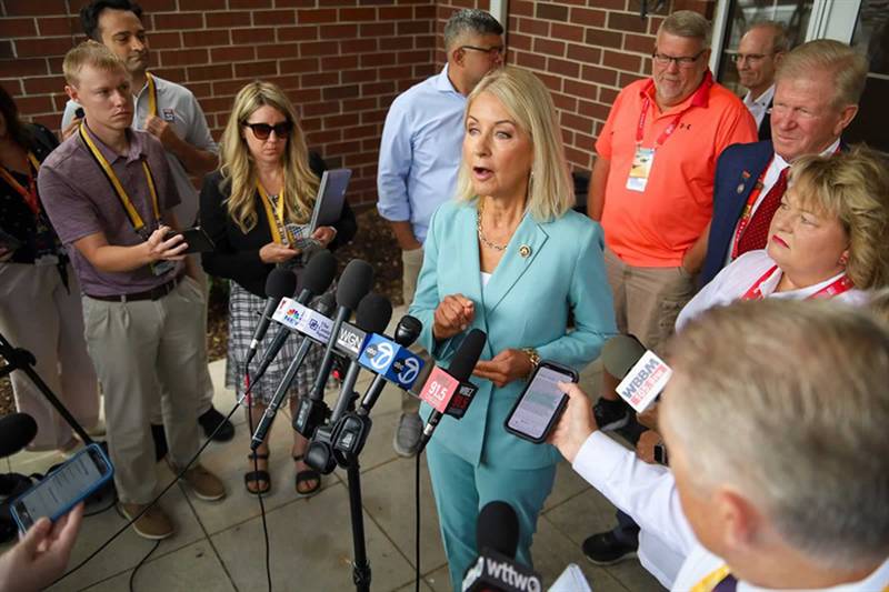 U.S. Rep. Mary Miller, R-Oakland, holds a rare media availability Tuesday at the Illinois delegation’s breakfast prior to Republican National Convention activities.