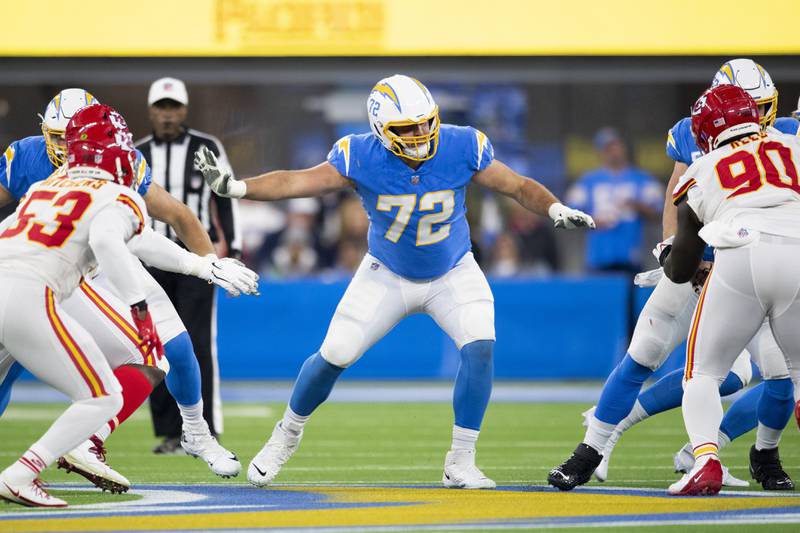 Los Angeles Chargers guard Michael Schofield blocks against the Kansas City Chiefs, Thursday, Dec. 16, 2021, in Inglewood, Calif.