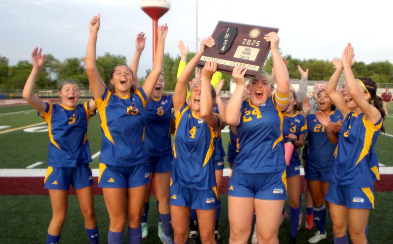 Johnsburg’s Skyhawks celebrate a 4-0 win over North Shore Country Day  in IHSA Class 1A Sectional Title Game girls soccer action at Richmond-Burton High School in Richmond on Tuesday, May 27, 2025.