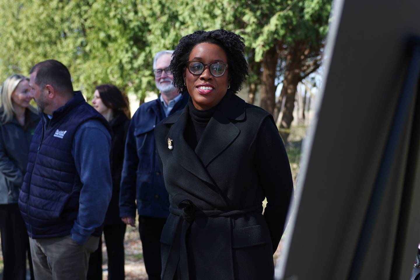U.S. Rep. Lauren Underwood, D-Naperville, looks over a map of Bentley Road pathway connection before presenting a check for $250,000 for the project on Tuesday, April 7, 2026 in Plainfield. The Plainfield Park District is in the very early stages creating a four mile pathway, a vital link between Riverside Parkway, Sunset Park, and Hammel Woods trails along the DuPage River corridor.