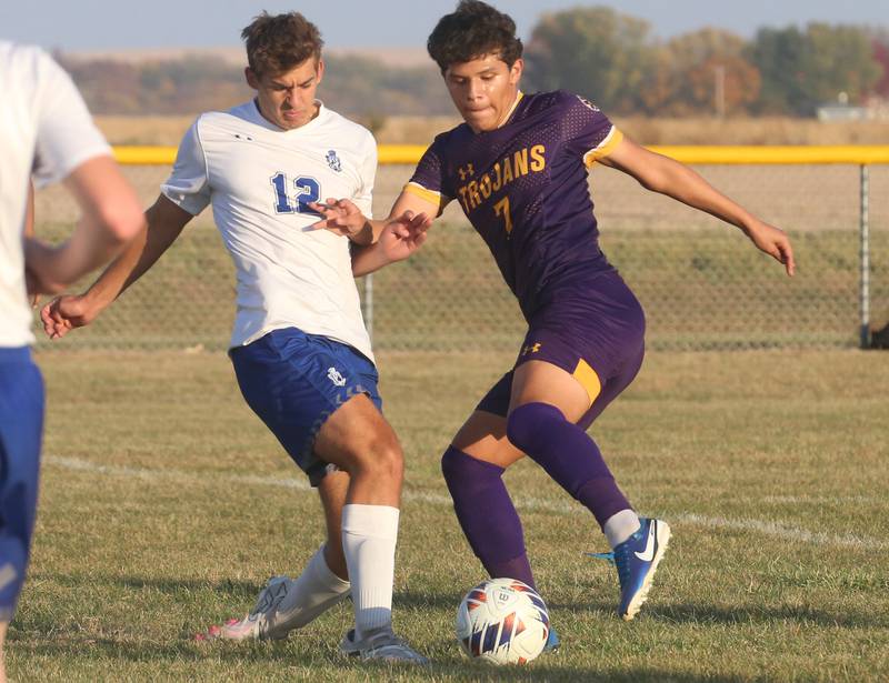 Princeton's Asa Gartin pokes the ball away from Mendota's Isaac Diaz during the Class 1A Regional final game on Tuesday, Oct. 22, 2024 at Serena High School.