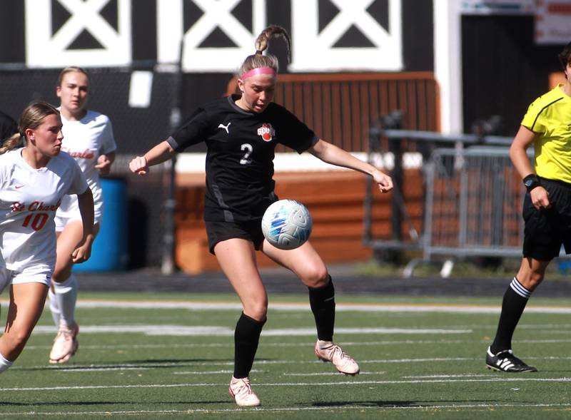 Wheaton Warrenville South's Sarah Alman gets control of the ball during a game against St. Charles East on Friday, May 16, 2025 in Wheaton.