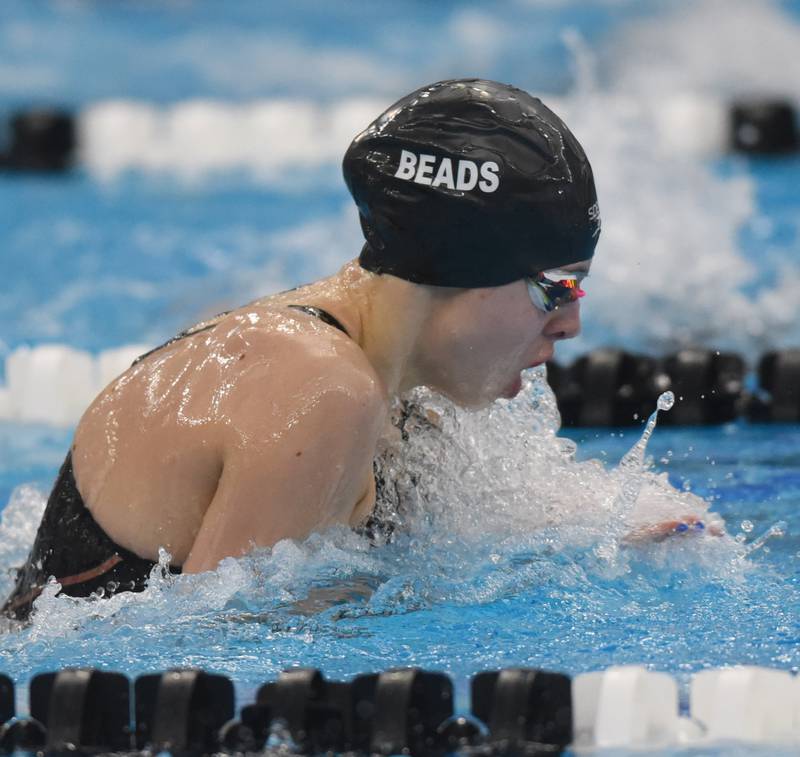 Rosary’s Elizabeh Nawocki swims the 100-yard breasstroke uring the IHSA girls state swimming finals at FMC Natatorium in Westmont on Saturday, Nov. 12, 2022.
