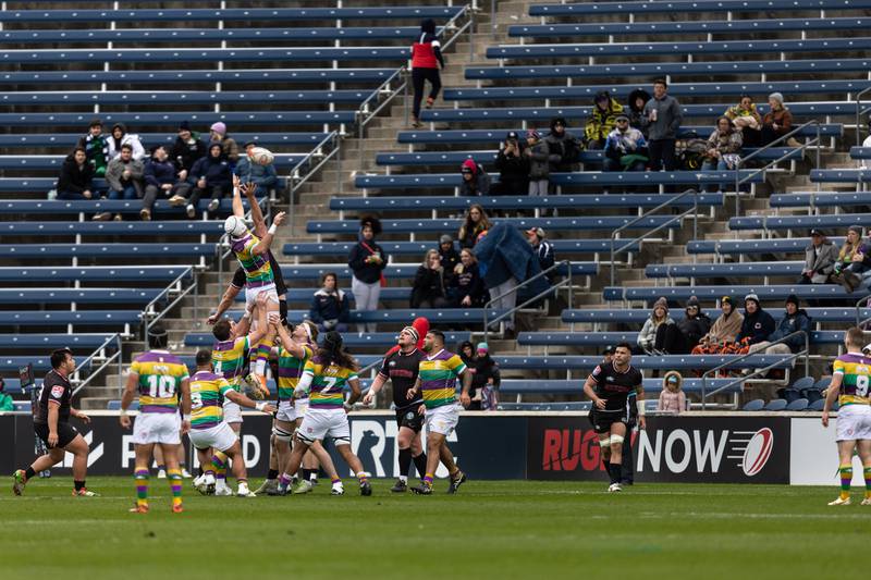 The Chicago Hounds, black jerseys, and NOLA Gold go up for a ball during at lineout, at Seat Geek Stadium in Bridgeview, on Sunday April 23, 2023.