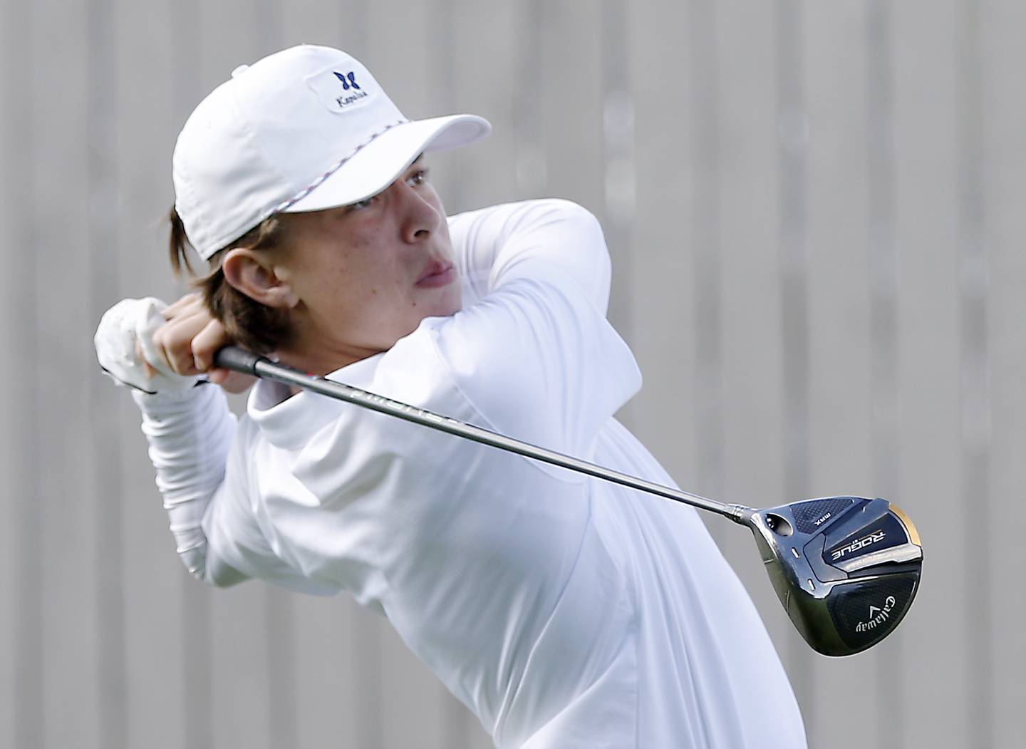 Crystal Lake Central’s Jack Bice watches his tee shot on the 18th hole during the Fox Valley Conference Boys Golf Tournament. Thursday, Sept. 22, 2022, at Randall Oaks Golf Club in West Dundee.