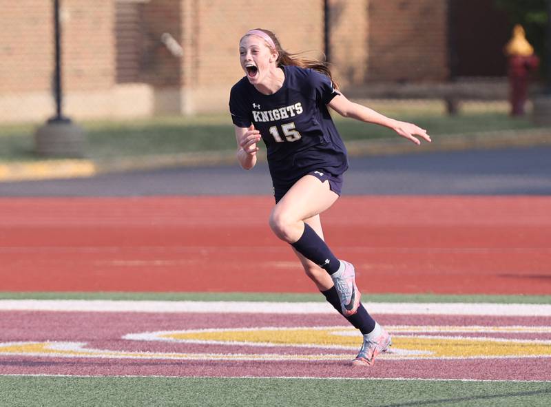 IC Catholic's Allie Geiger (15) celebrates her goal during the IHSA Class 1A girls soccer super-sectional match between Richmond-Burton and IC Catholic at Concordia University in River Forest on Tuesday, May 23, 2023.