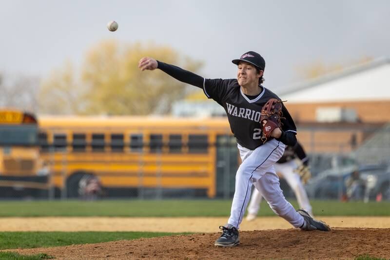 Reece Pelnarsh (21) of Woodland/Flanagan-Cornell pitches on Thursday, April 17, 2025 at Woodland High School in Streator.