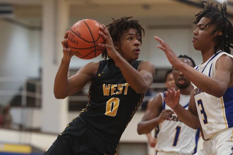 Joliet West’s Aamir Shannon goes in for a shot against Joliet Central on Saturday, Jan. 27th, 2024 in Joliet.