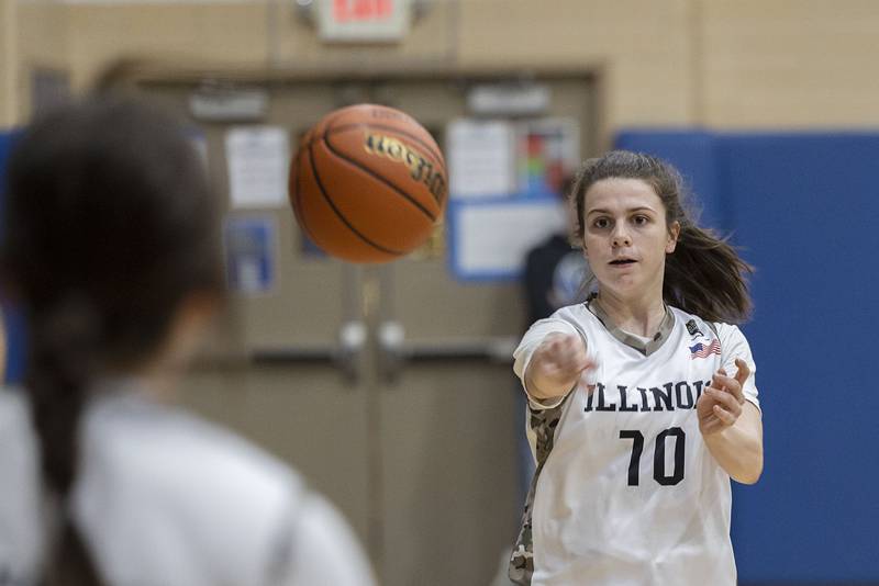 Newman’s Helen Papoccia makes a pass against Bureau Valley Monday, Jan. 23, 2023.
