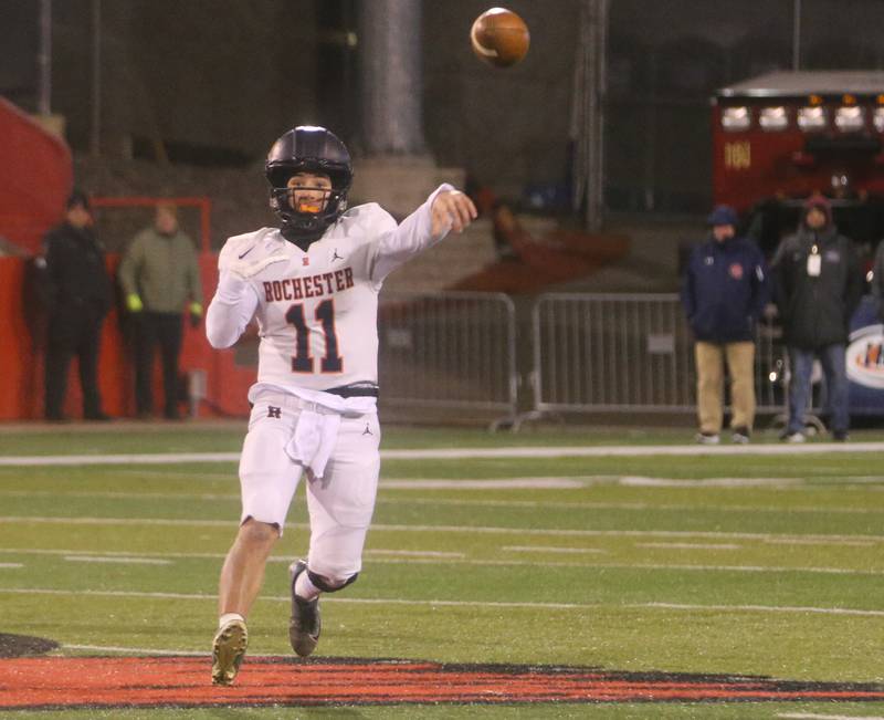 Rochester's Bryan Zulauf throws a pass against St. Laurences during the Class 4A State football championship on Friday, Nov, 24, 2023 at Hancock Stadium in Normal.